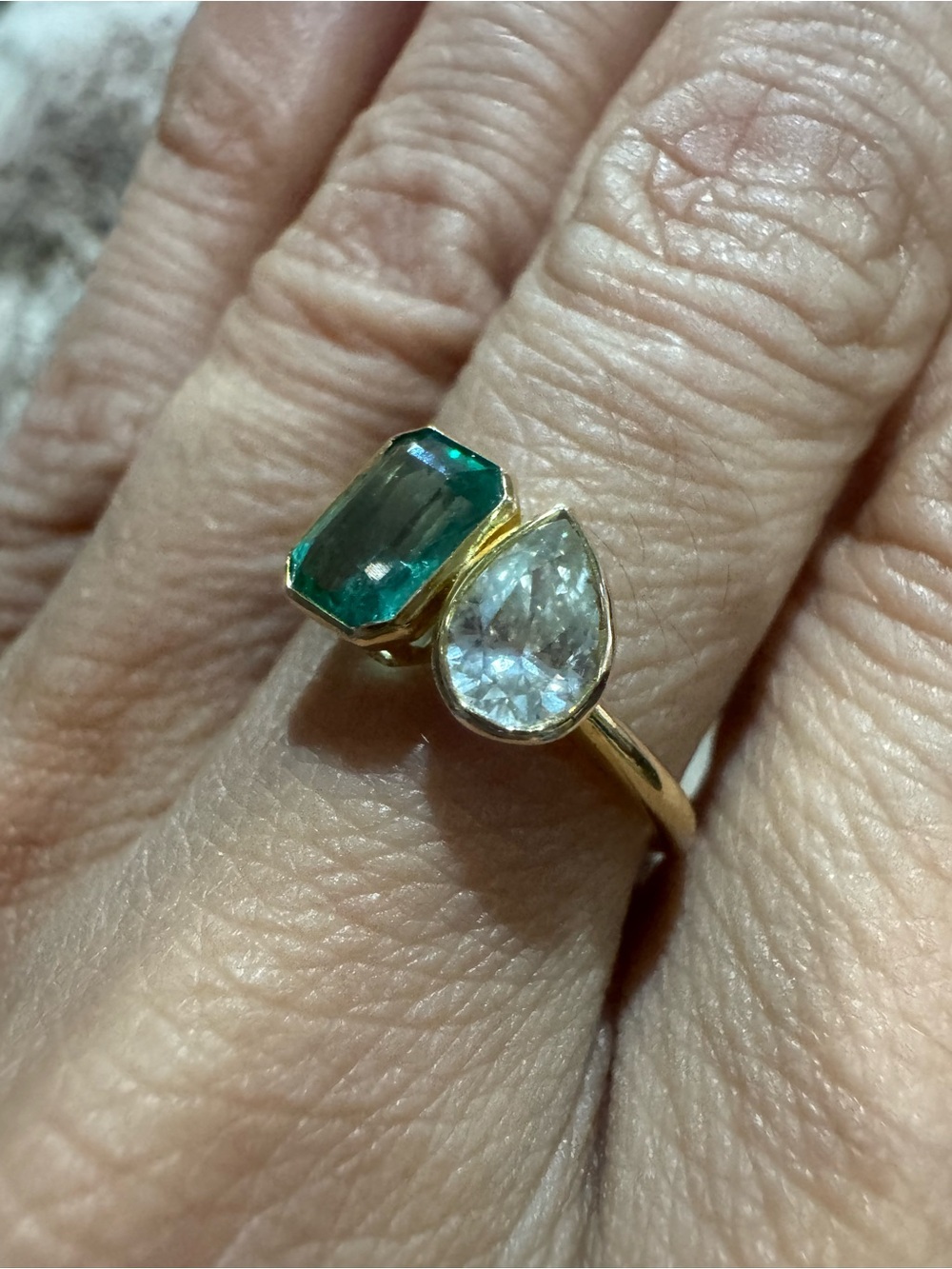 14K Yellow Gold Natural Emerald & Pear Cut Diamond Toi Et Moi Ring Size 6.5 - Picture 5 of 14